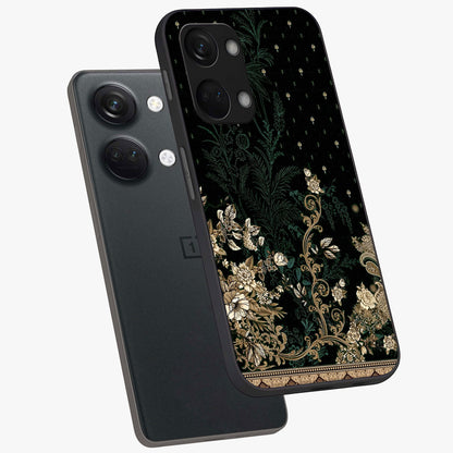 Regal Botanical Tapestry Glass Case for 1+Nord 3 angled mockup showcasing glossy finish and rich heritage tones
