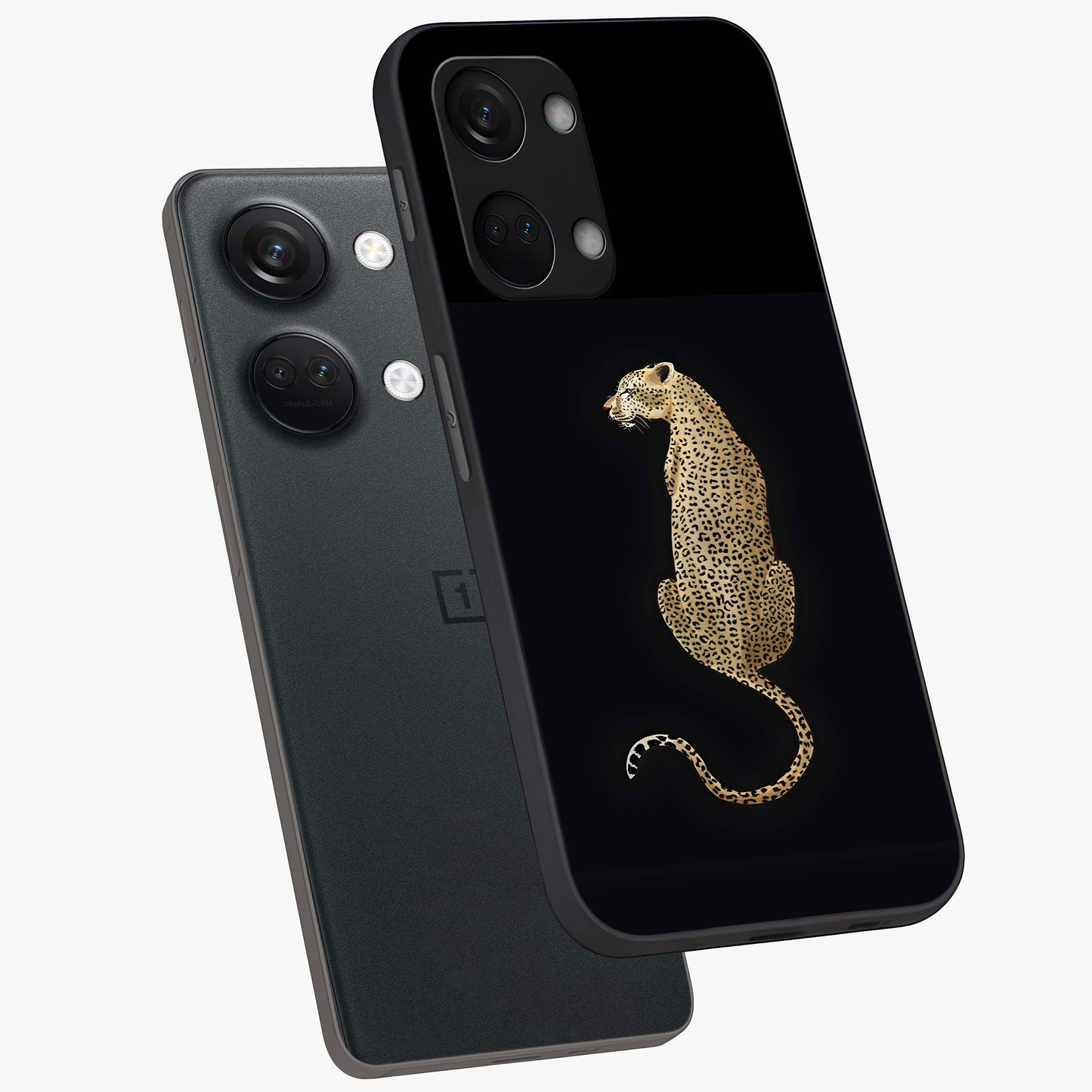 Regal Leopard Glass Case for 1+Nord 3 angled mockup showcasing glossy glass finish and detailed animal textures
