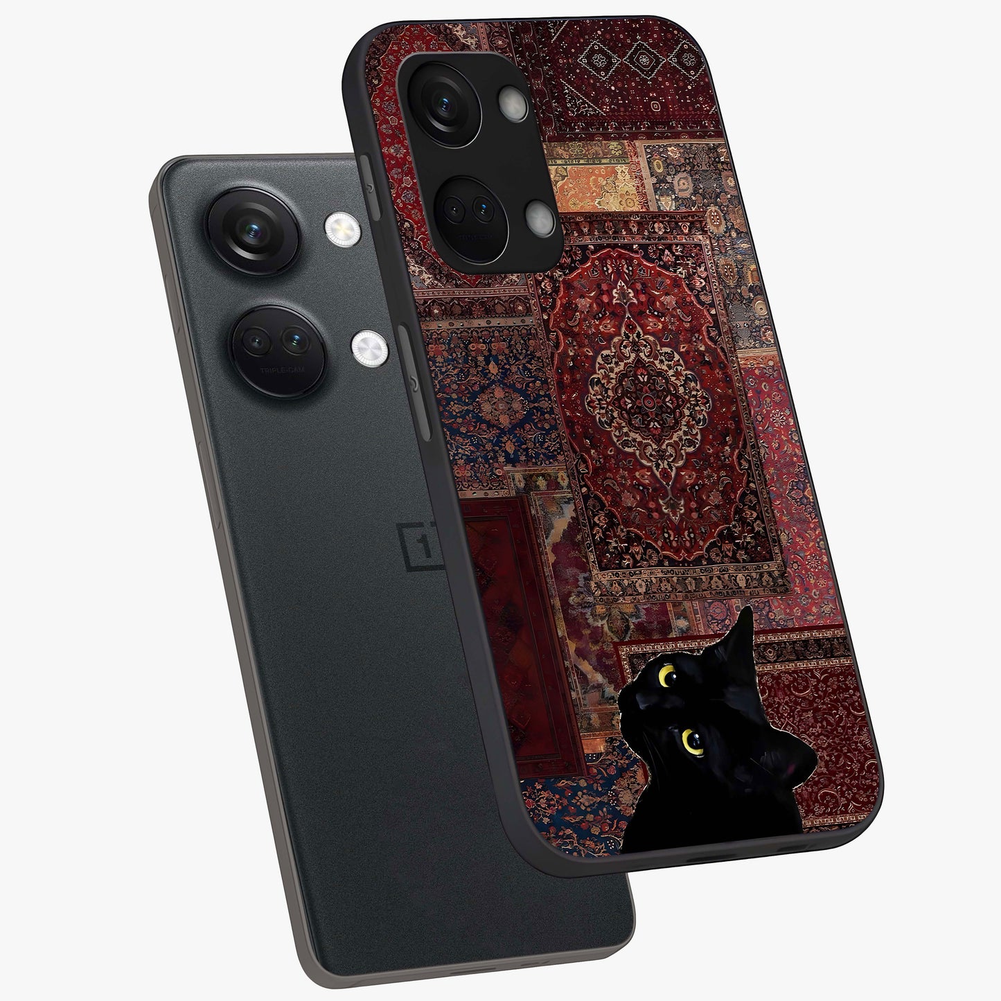 Regal Magic Cat Apple Glass Case for 1+Nord 3 angled mockup showcasing glossy finish and vibrant illustration detailing
