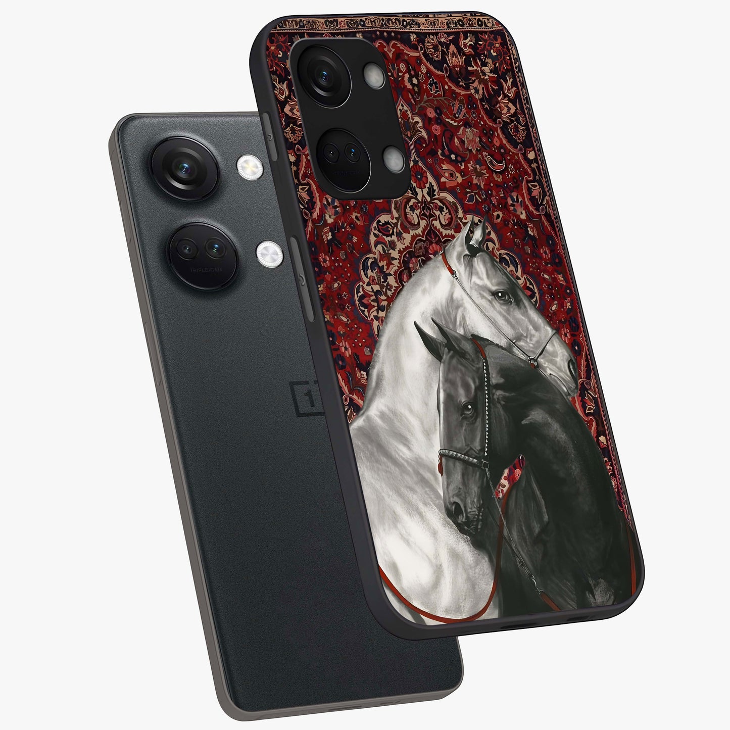 Regal Stallion Tapestry Glass Case for 1+Nord 3 angled mockup showcasing glossy finish and rich ornamental tones