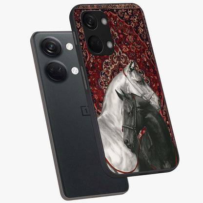 Regal Stallion Tapestry Glass Case for 1+Nord 3 angled mockup showcasing glossy finish and rich ornamental tones