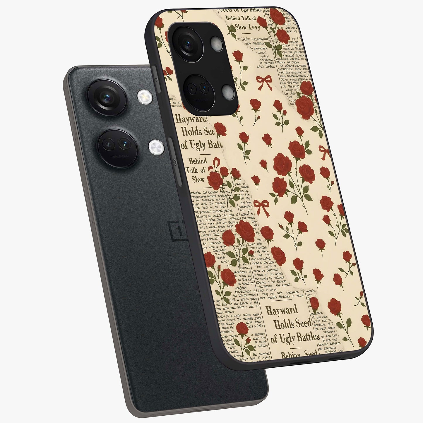 Retro Rose Journal Glass Case for 1+Nord 3 angled mockup showcasing glossy finish and soft romantic tones