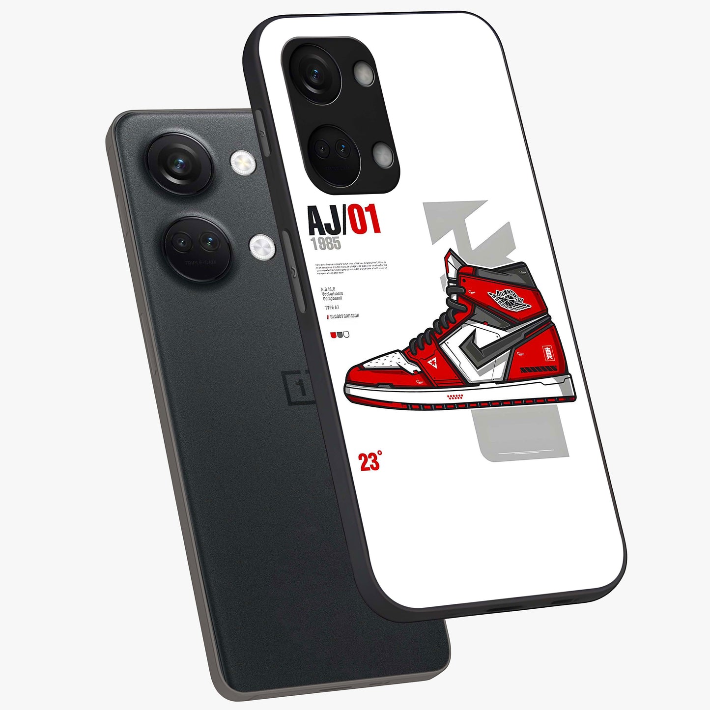 Retro Sneaker Blueprint Glass Case for 1+Nord 3 angled mockup showcasing glossy finish and sporty retro detailing