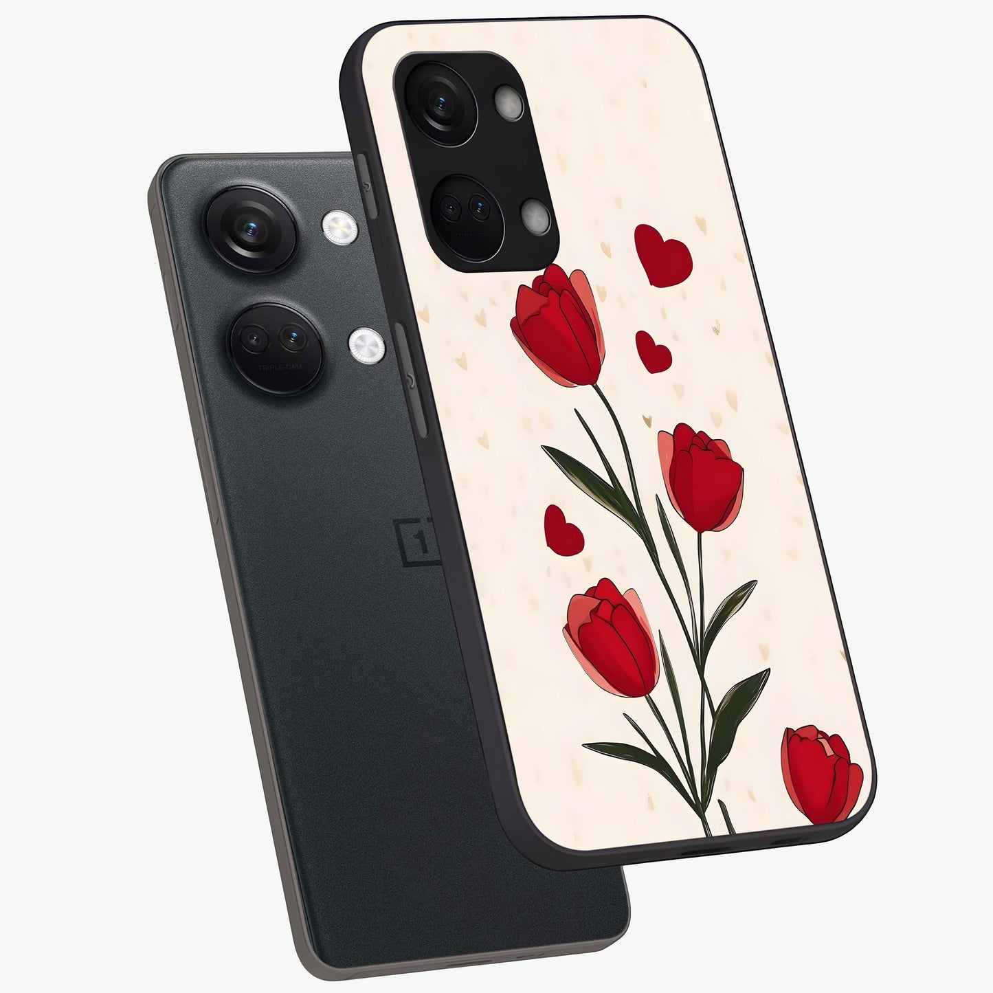 Romantic Tulip Hearts Glass Case for 1+Nord 3 angled mockup showcasing glossy glass finish and soft romantic tones