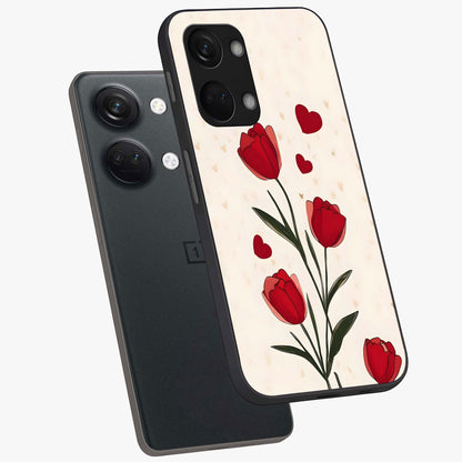 Romantic Tulip Hearts Glass Case for 1+Nord 3 angled mockup showcasing glossy glass finish and soft romantic tones