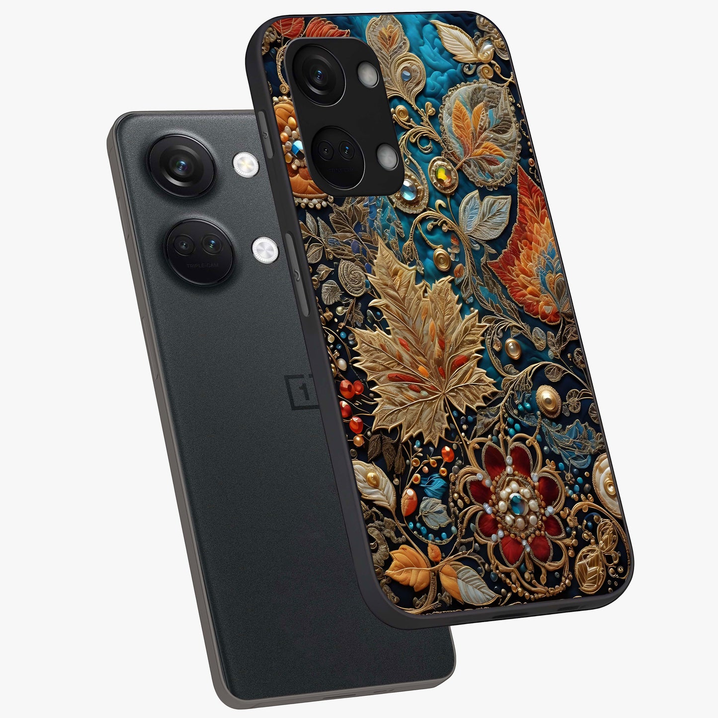 Royal Jewel Garden Glass Case for 1+Nord 3 angled mockup showcasing glossy finish and rich vibrant tones