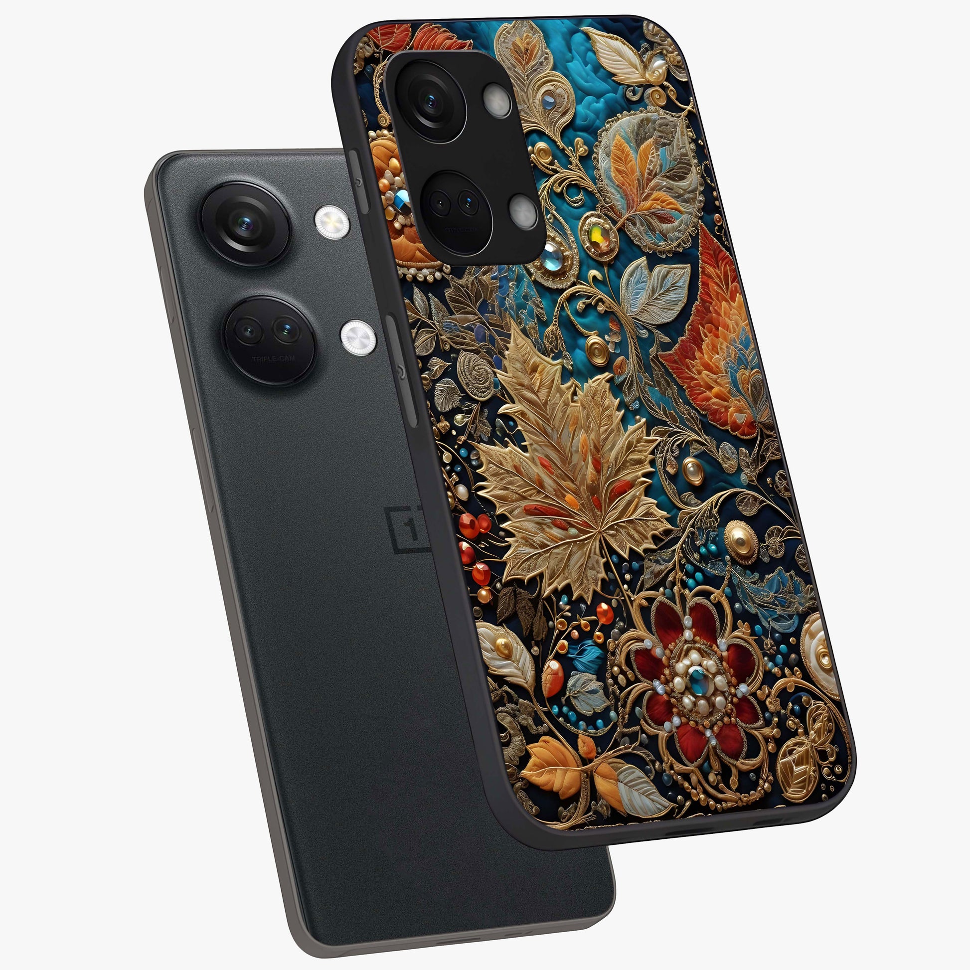 Royal Jewel Garden Glass Case for 1+Nord 3 angled mockup showcasing glossy finish and rich vibrant tones