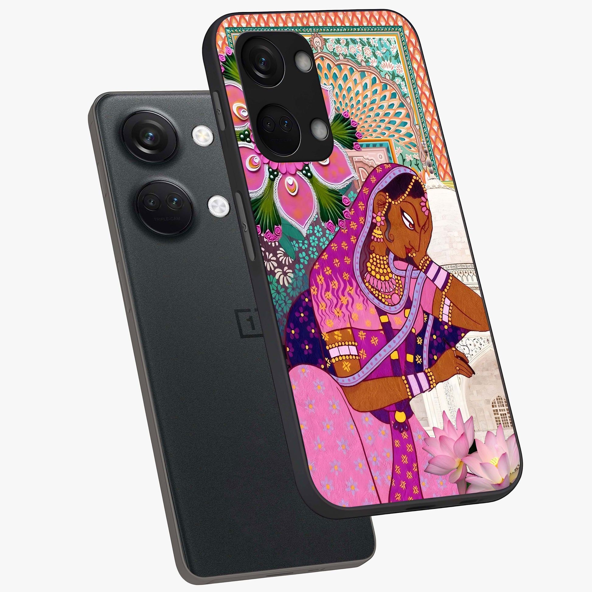 Royal Lotus Muse Glass Case for 1+Nord 3 angled mockup showcasing glossy finish and refined floral tones