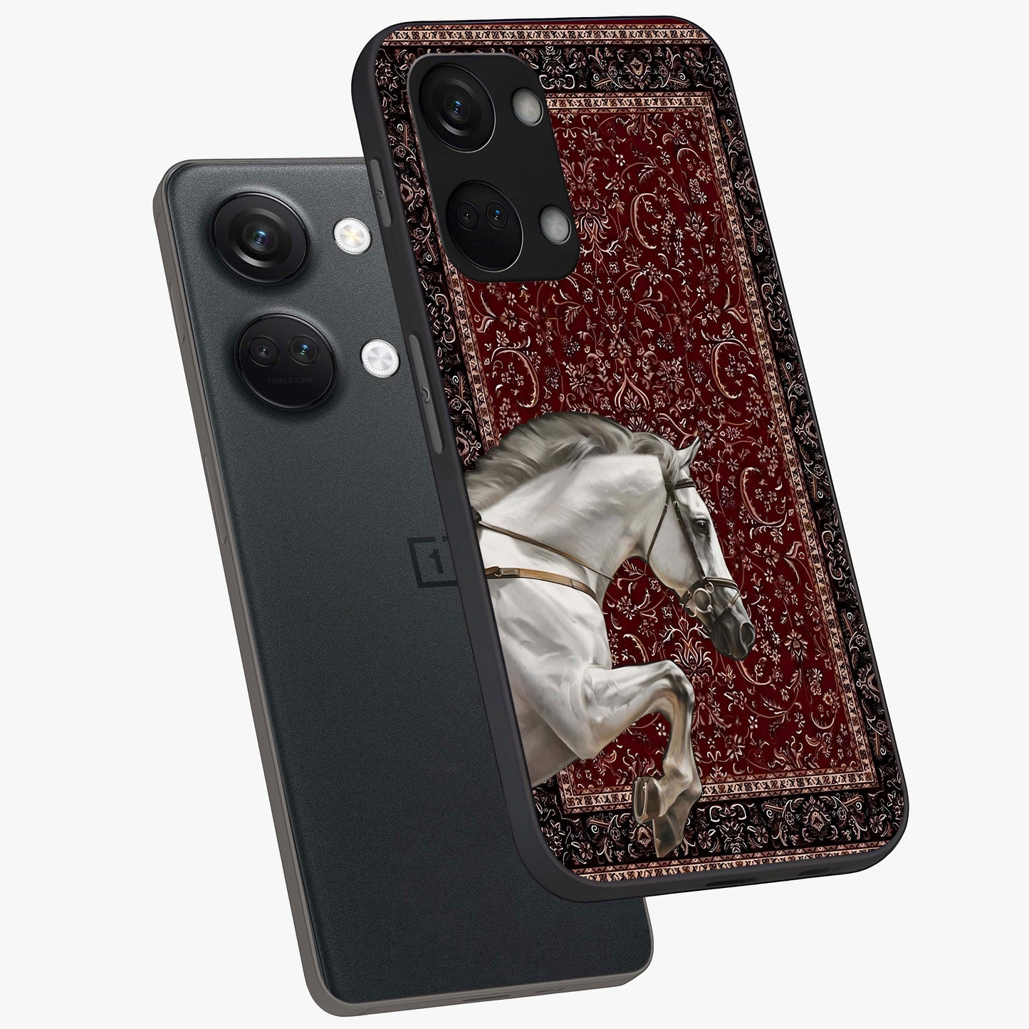 Royal Rider Tapestry Glass Case for 1+Nord 3 angled mockup showcasing glossy finish and heritage inspired detailing