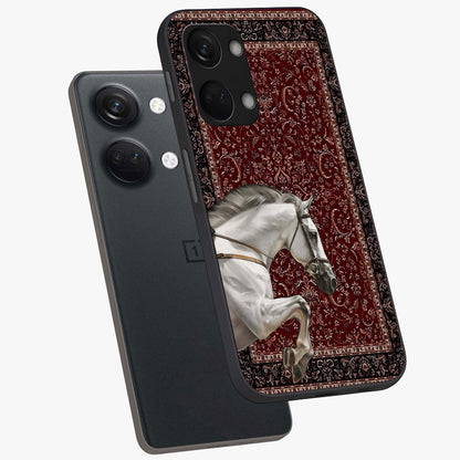 Royal Rider Tapestry Glass Case for 1+Nord 3 angled mockup showcasing glossy finish and heritage inspired detailing