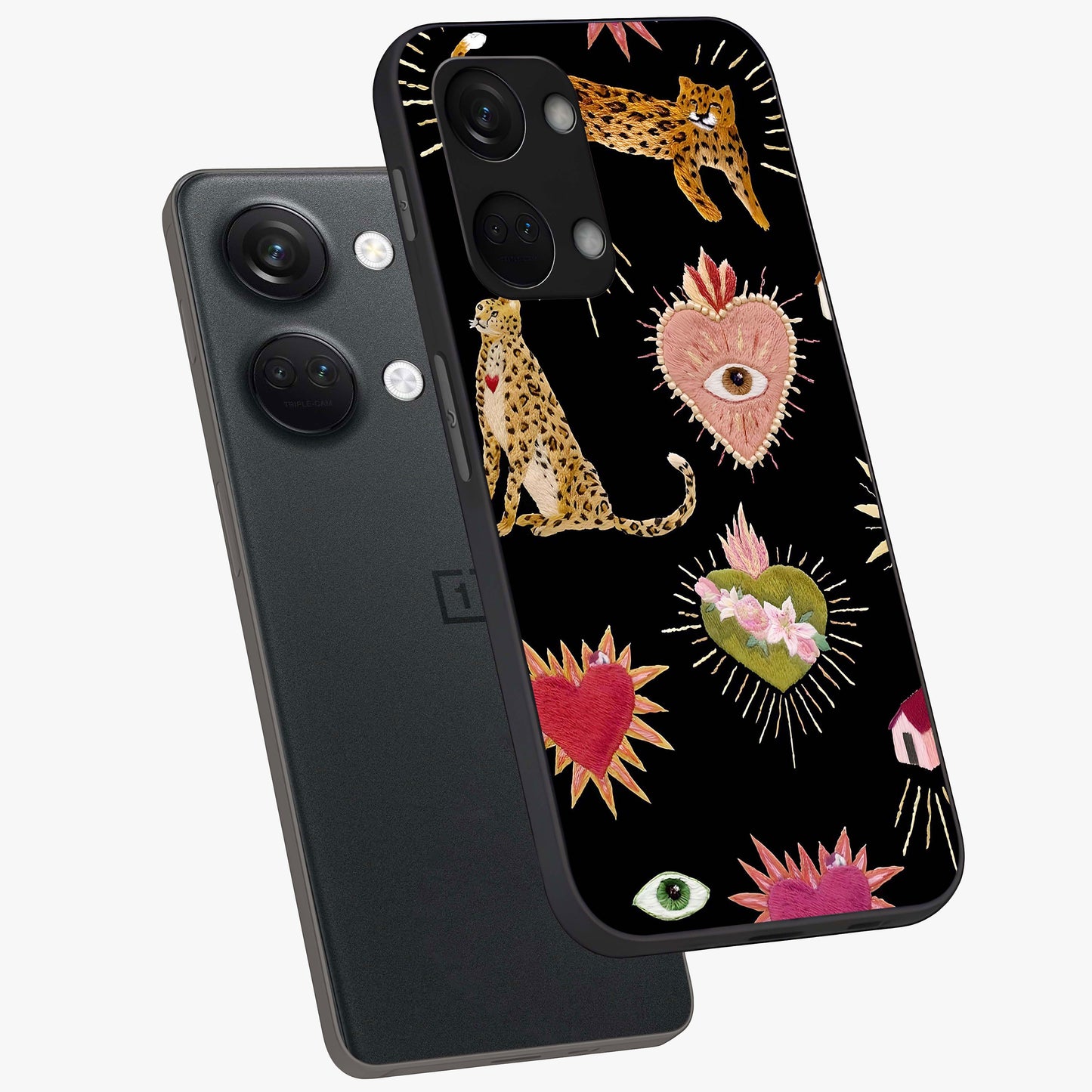 Sacred Jungle Heart Glass Case for 1+Nord 3 angled mockup showcasing glossy finish and rich green tones