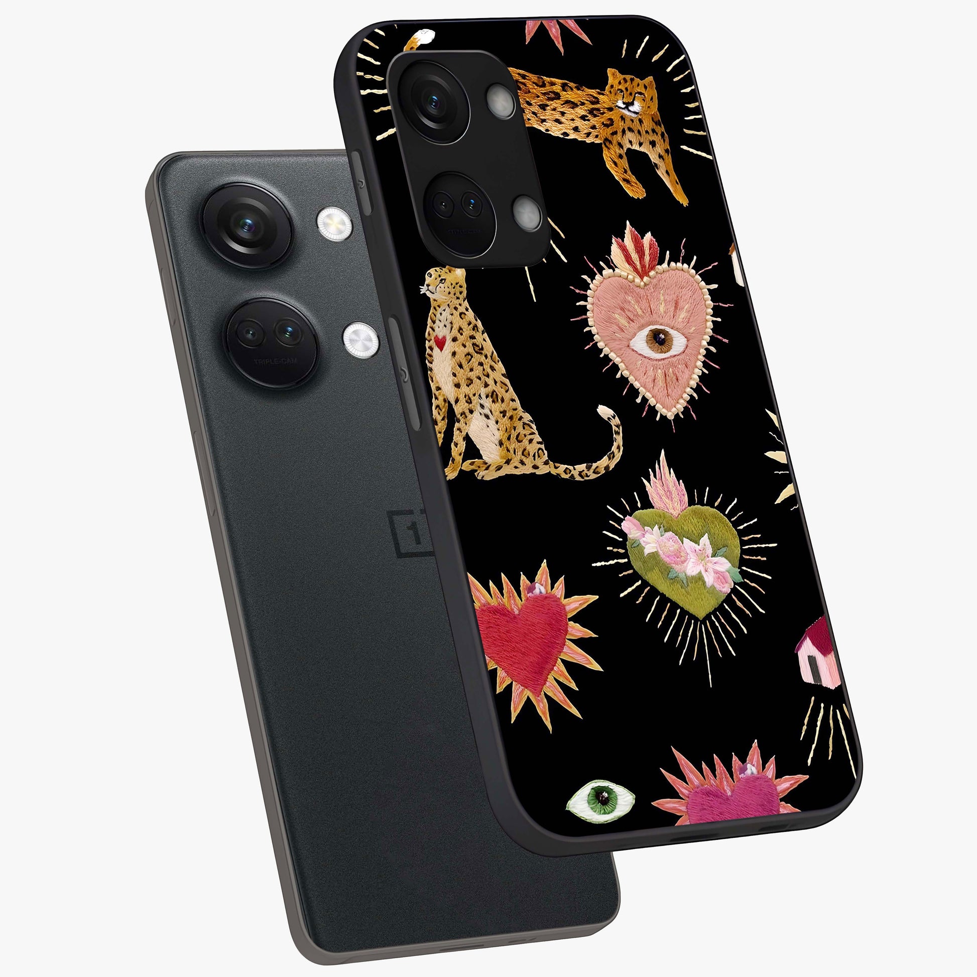 Sacred Jungle Heart Glass Case for 1+Nord 3 angled mockup showcasing glossy finish and rich green tones