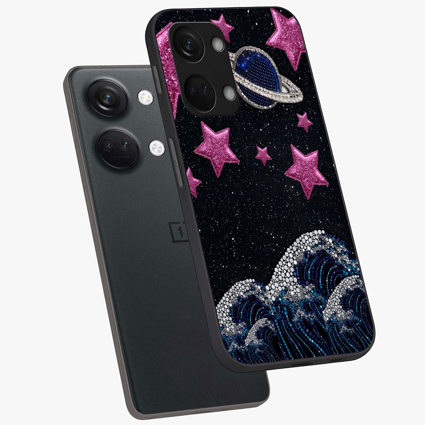 Saturn Pink Storm Glass Case for 1+Nord 3 angled mockup showcasing glossy finish and dramatic space gradients