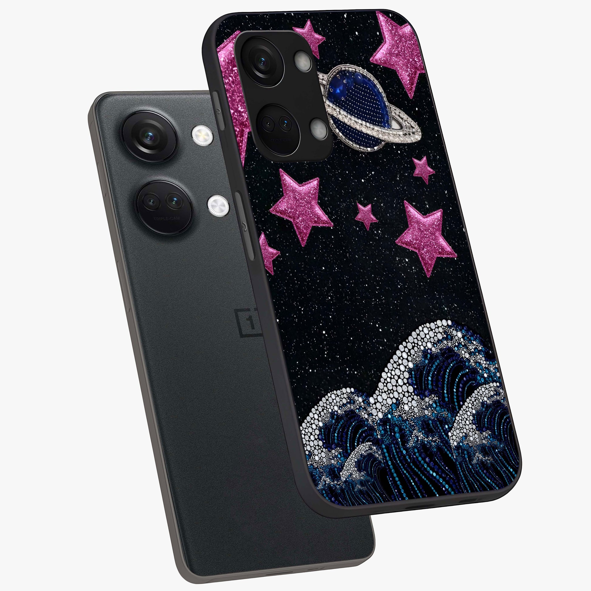 Saturn Pink Storm Glass Case for 1+Nord 3 angled mockup showcasing glossy finish and dramatic space gradients