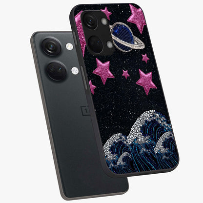 Saturn Pink Storm Glass Case for 1+Nord 3 angled mockup showcasing glossy finish and dramatic space gradients