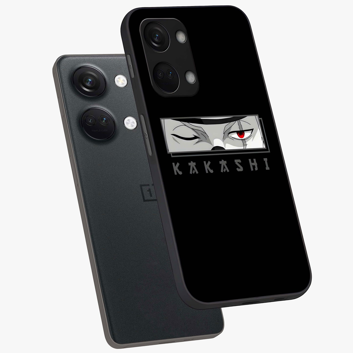 Scarlet Ninja Gaze Glass Case for 1+Nord 3 angled mockup showcasing glossy finish and sharp warrior detailing