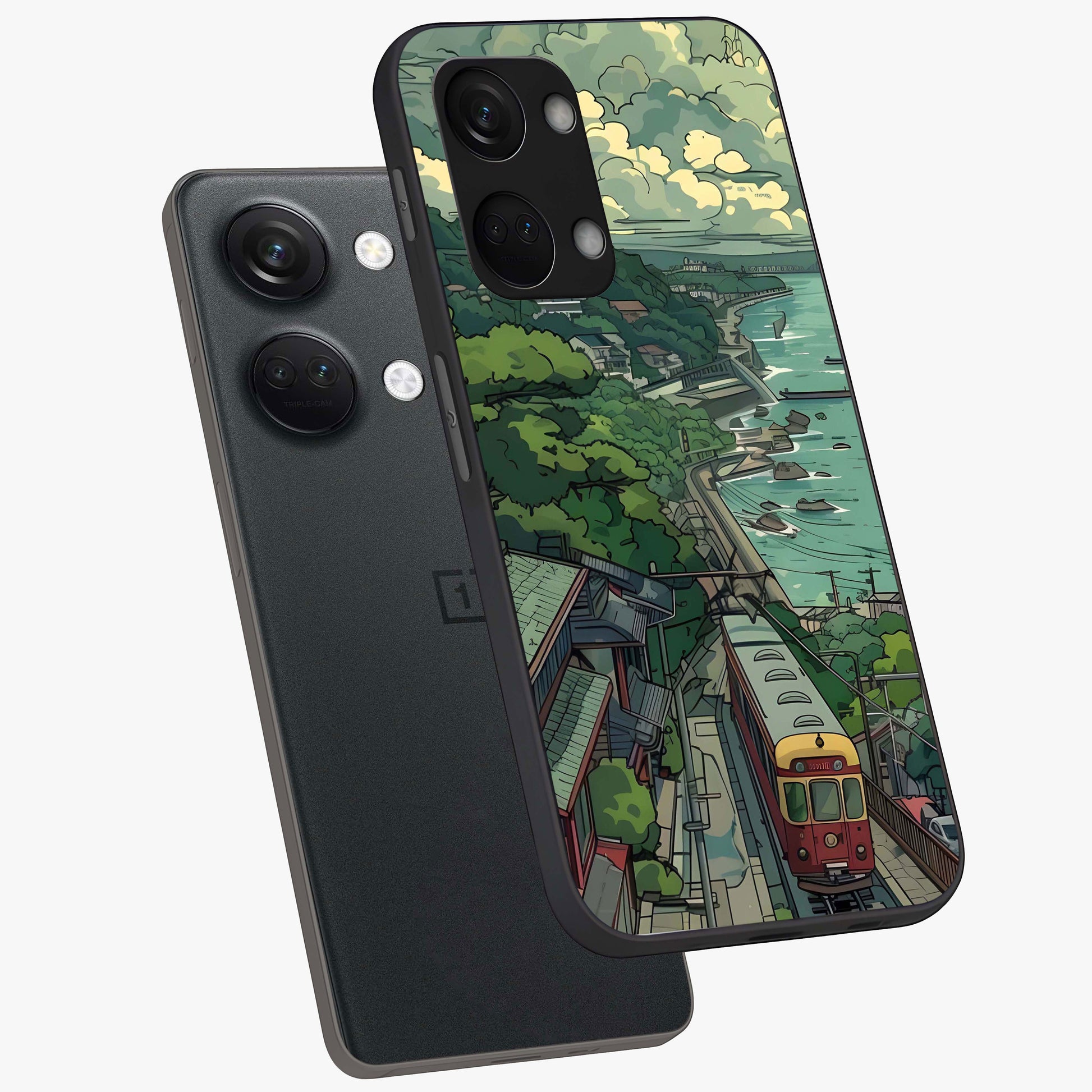 Seaside Train Ride Glass Case for 1+Nord 3 angled mockup showcasing glossy finish and calming ocean gradients