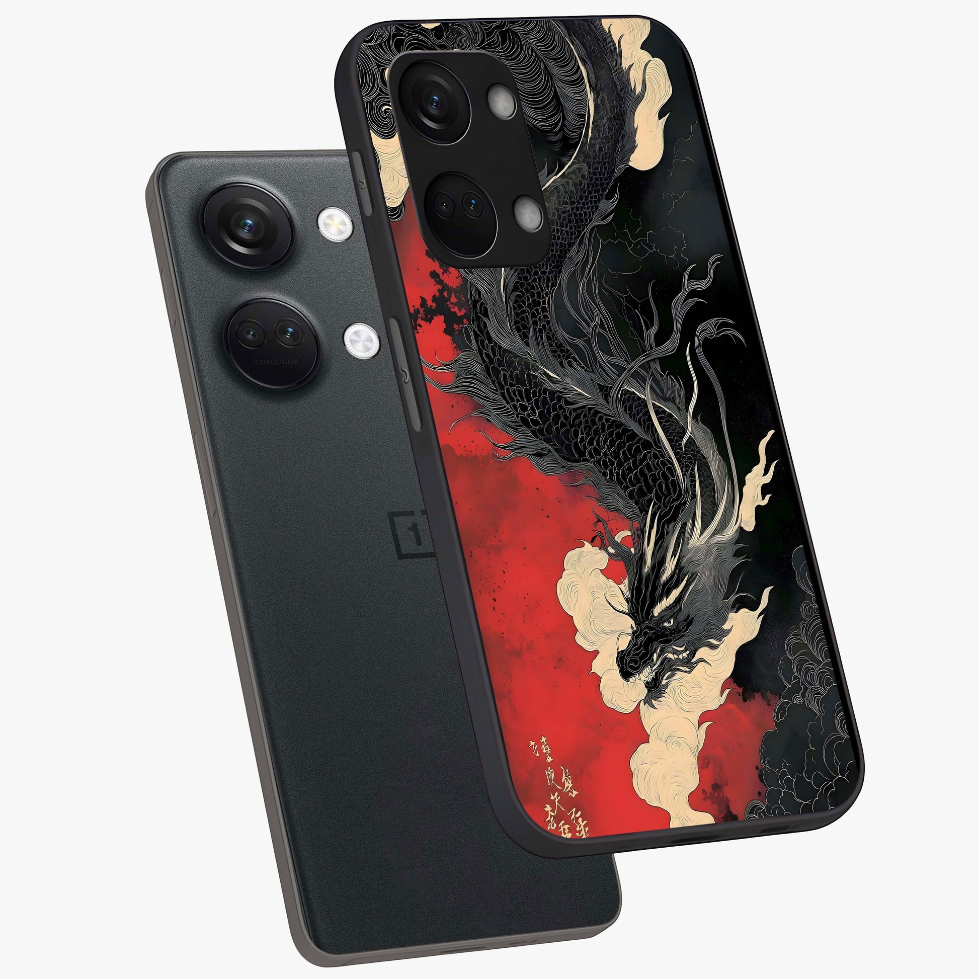 Shadow Dragon Fury Glass Case for 1+Nord 3 angled mockup showcasing glossy finish and powerful fantasy detailing