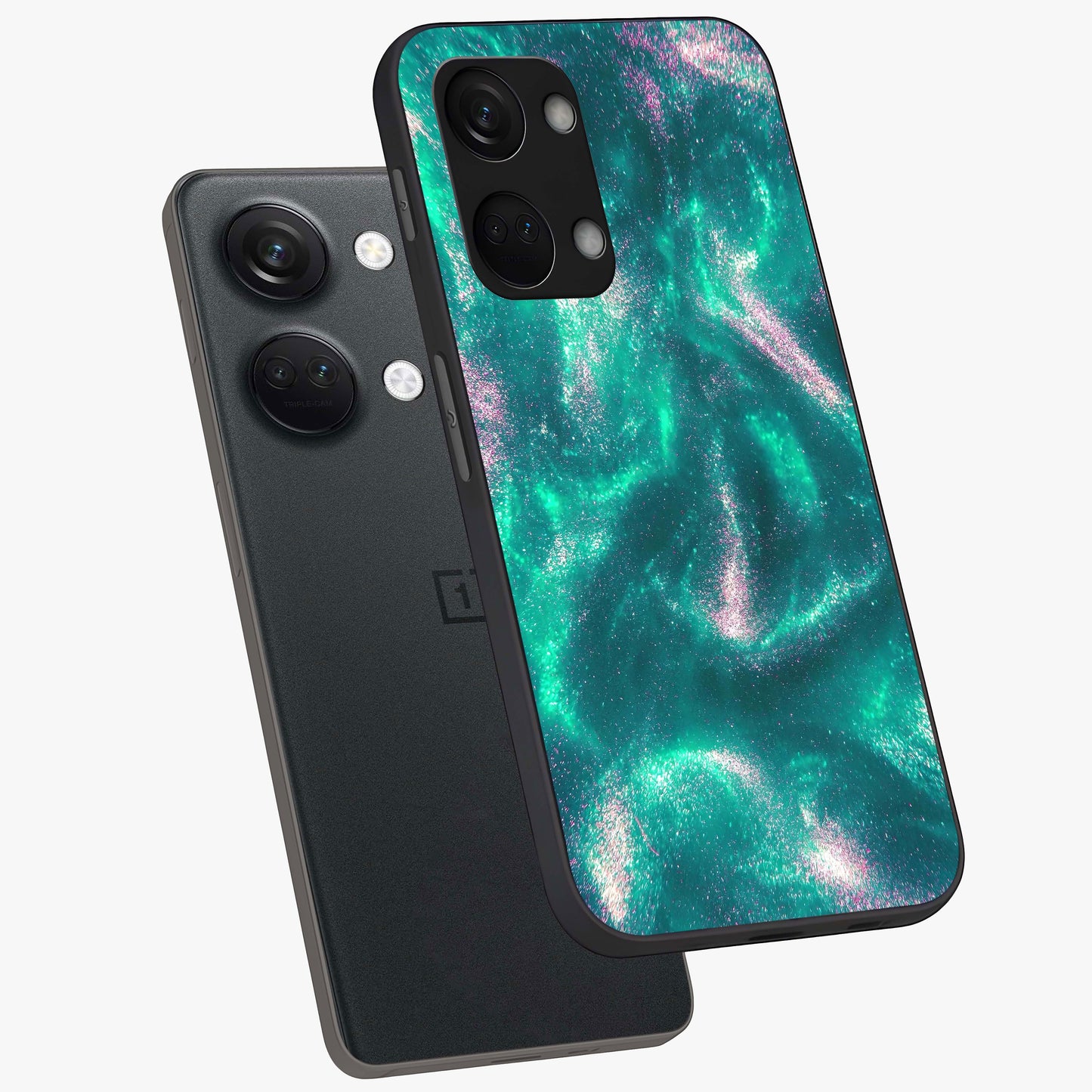 Shimmering Nebula Waves Glass Case for 1+Nord 3 angled mockup showcasing glossy finish and deep space gradients