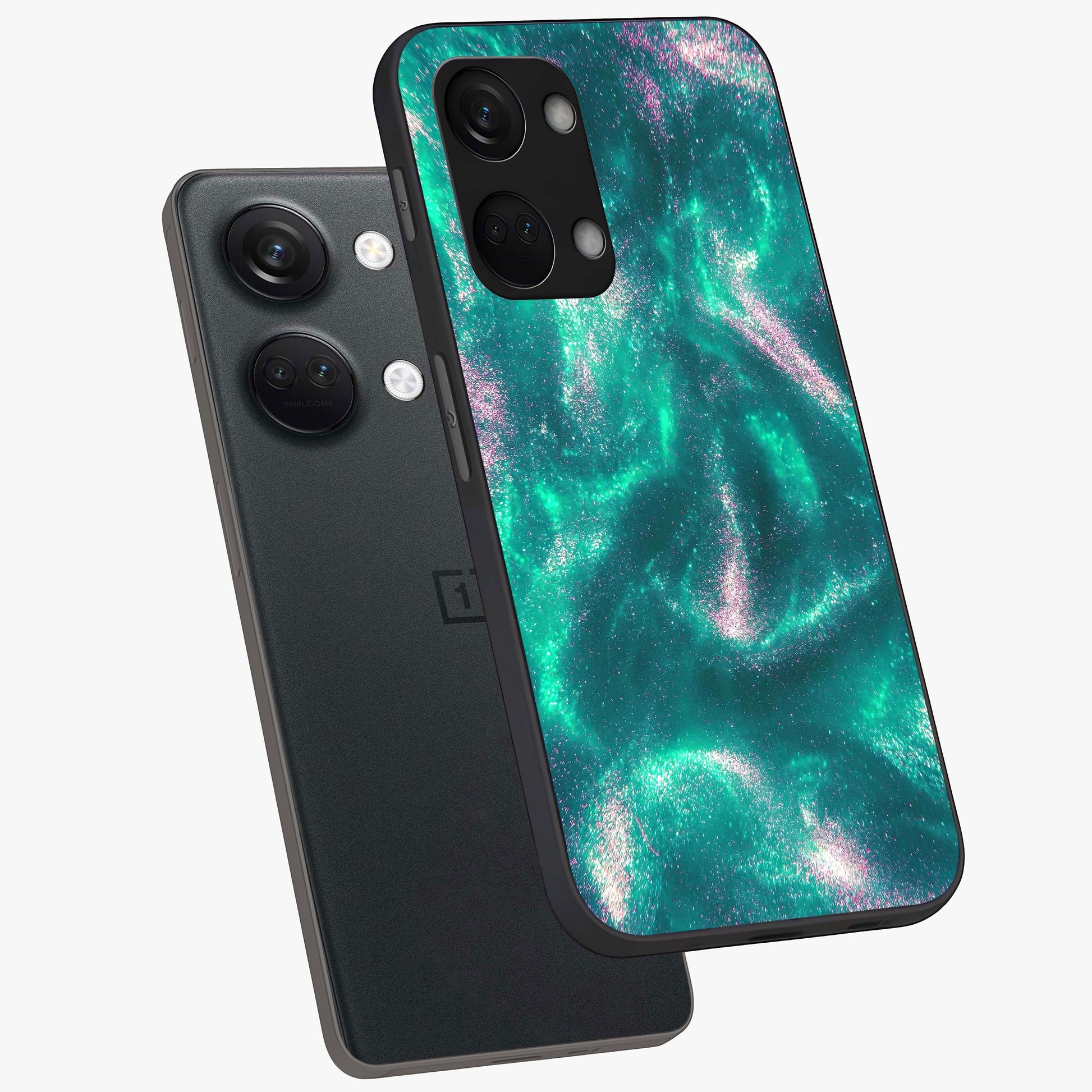 Shimmering Nebula Waves Glass Case for 1+Nord 3 angled mockup showcasing glossy finish and deep space gradients