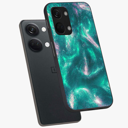 Shimmering Nebula Waves Glass Case for 1+Nord 3 angled mockup showcasing glossy finish and deep space gradients