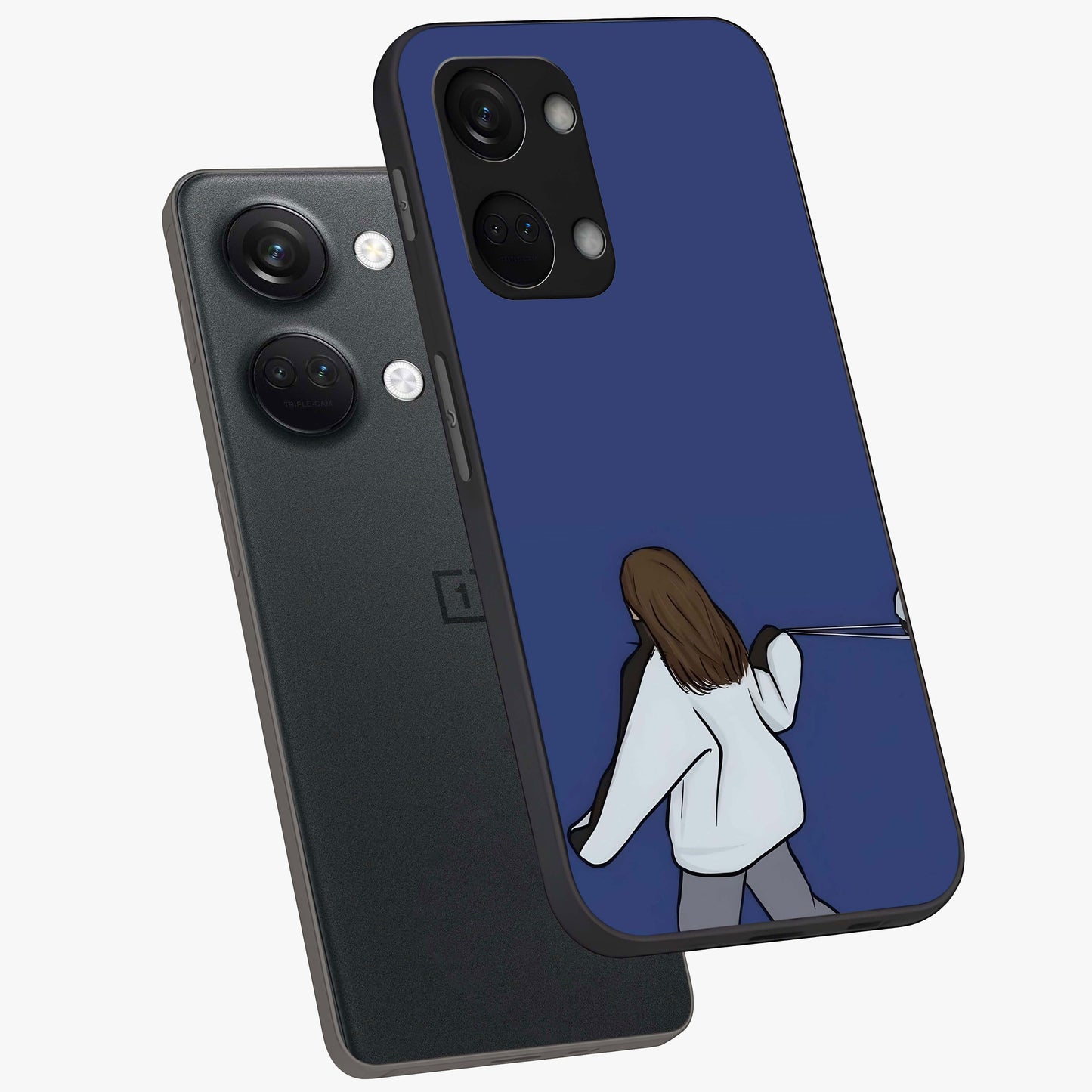 Silent Distance Love Glass Case for 1+Nord 3 angled mockup showcasing glossy glass finish and subtle aesthetic detailing