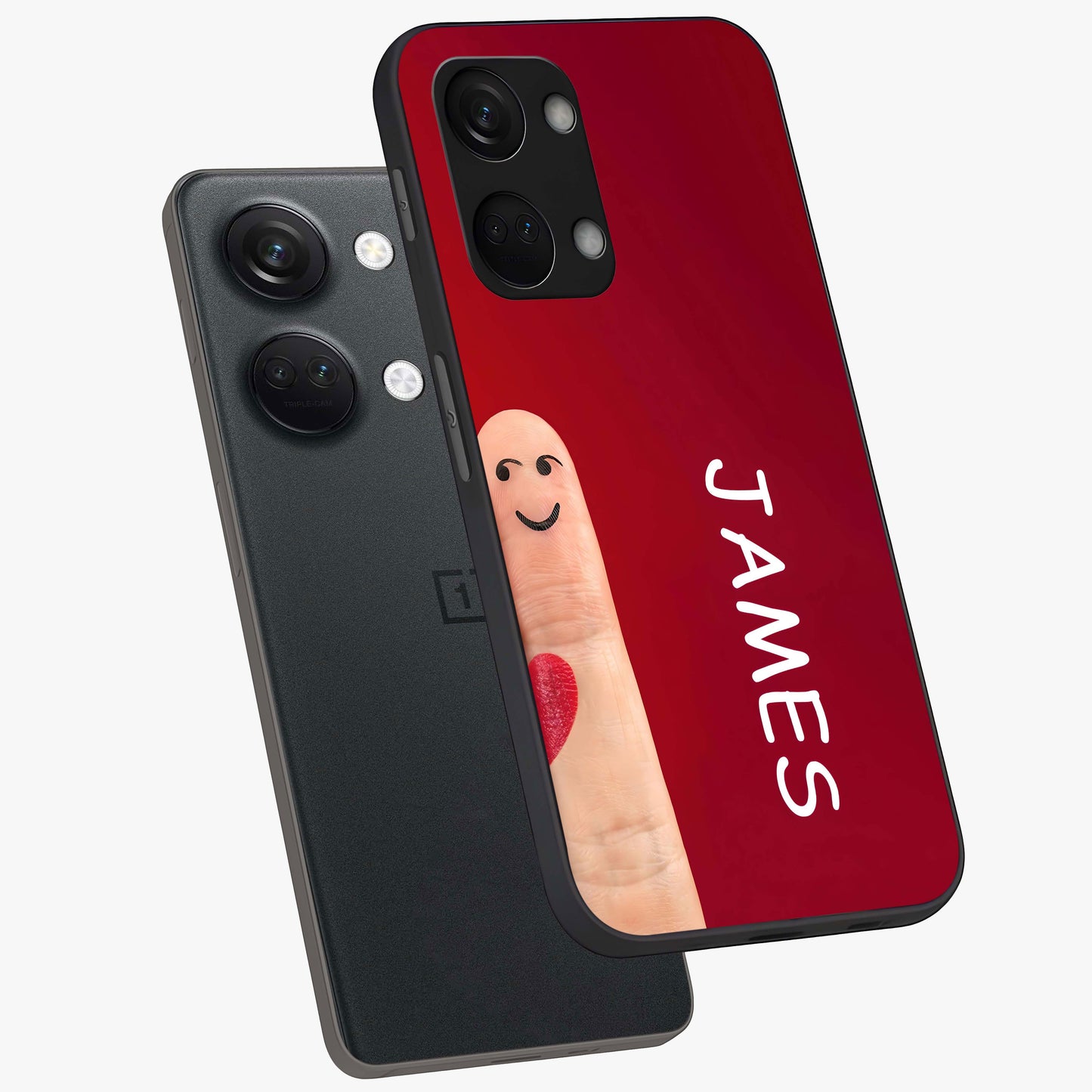 Smiling Heart Bond Glass Case for 1+Nord 3 angled mockup showcasing glossy finish and cheerful detailing