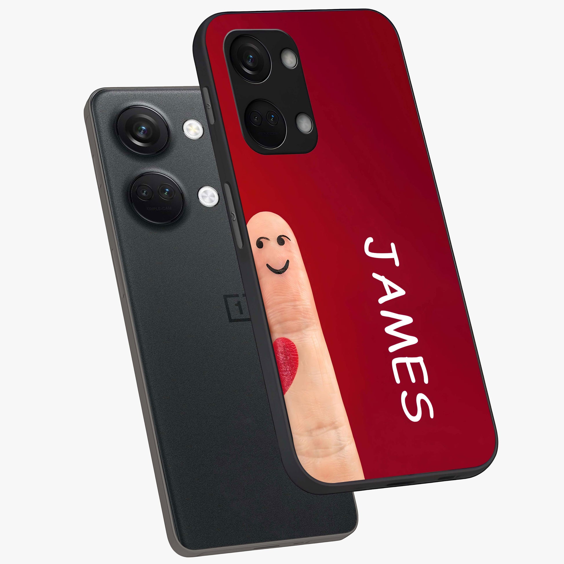 Smiling Heart Bond Glass Case for 1+Nord 3 angled mockup showcasing glossy finish and cheerful detailing