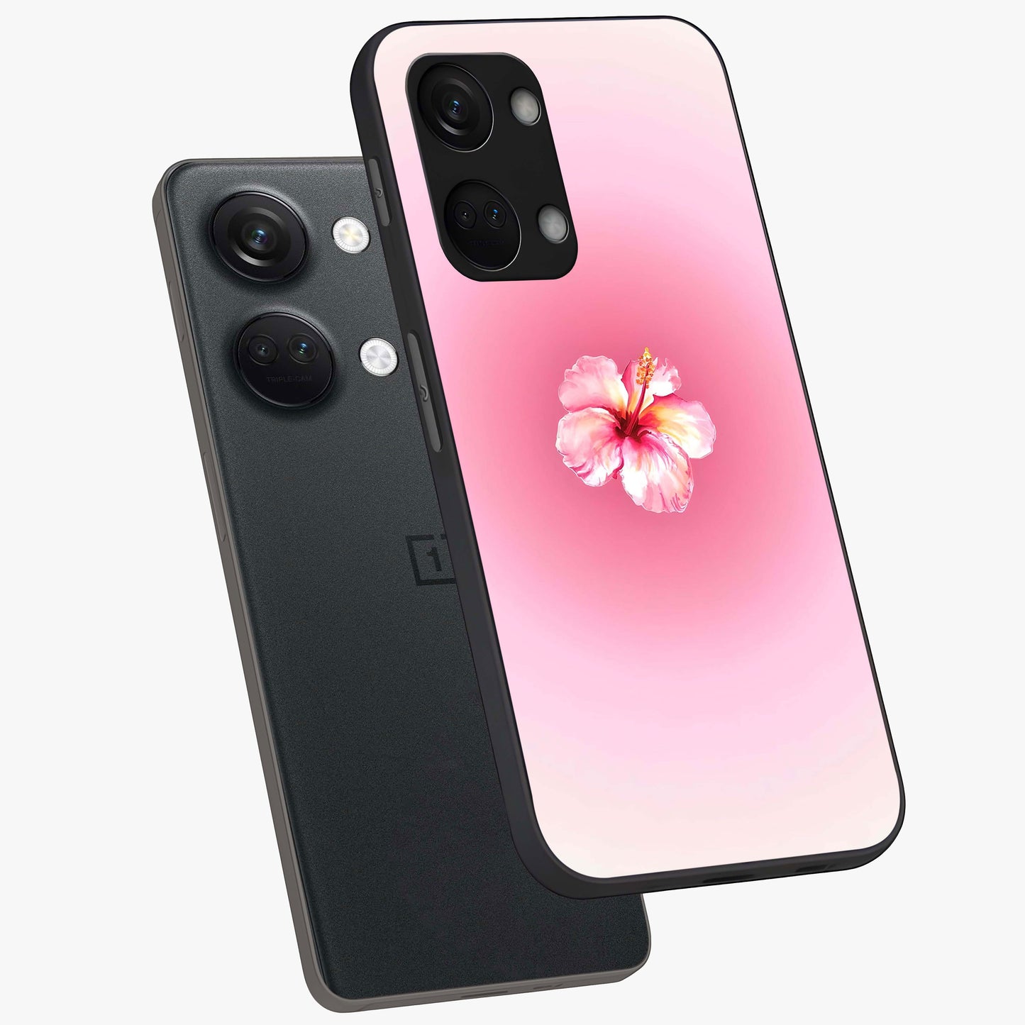 Soft Petal Serenity Glass Case for 1+Nord 3 angled mockup showcasing glossy finish and calming bloom detailing