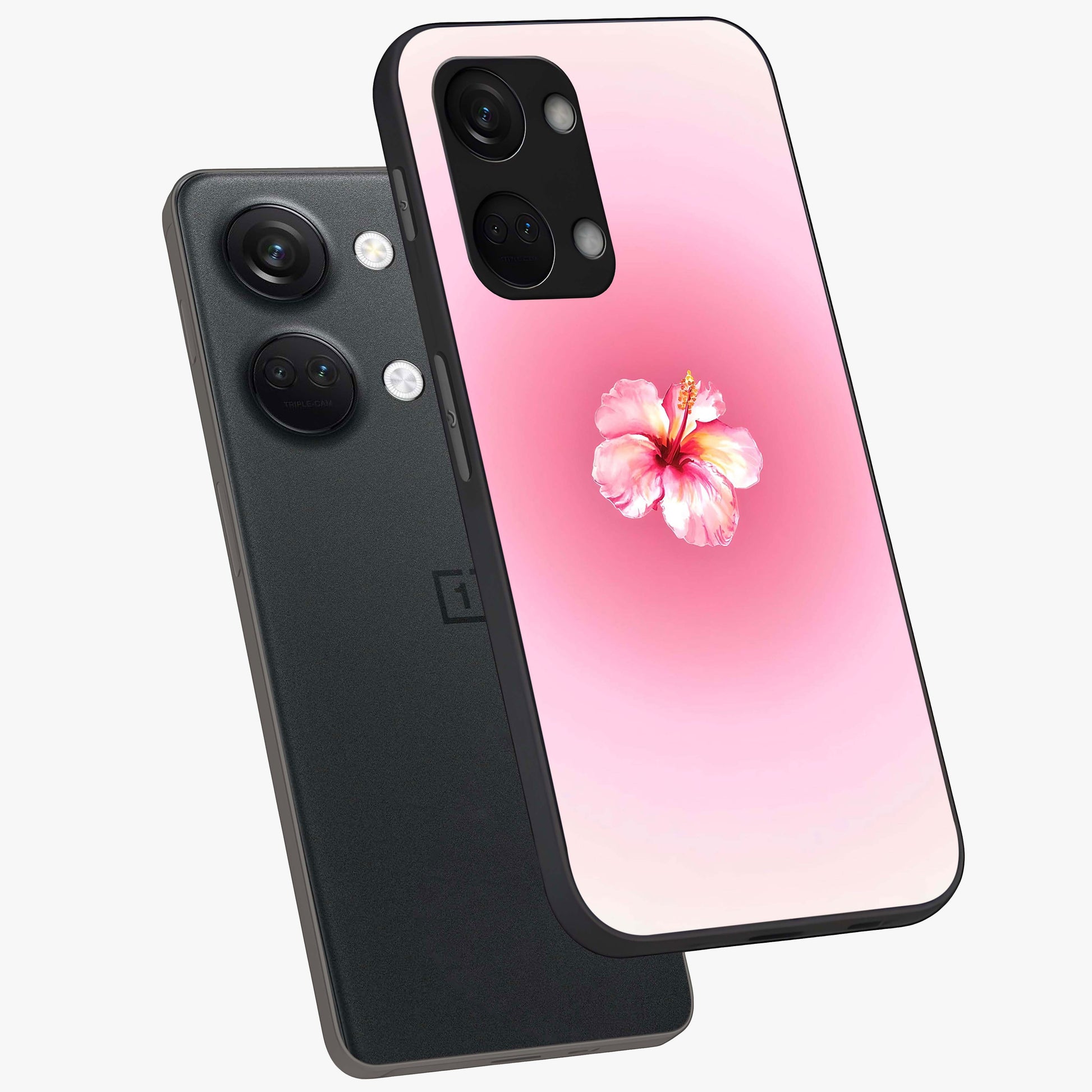 Soft Petal Serenity Glass Case for 1+Nord 3 angled mockup showcasing glossy finish and calming bloom detailing