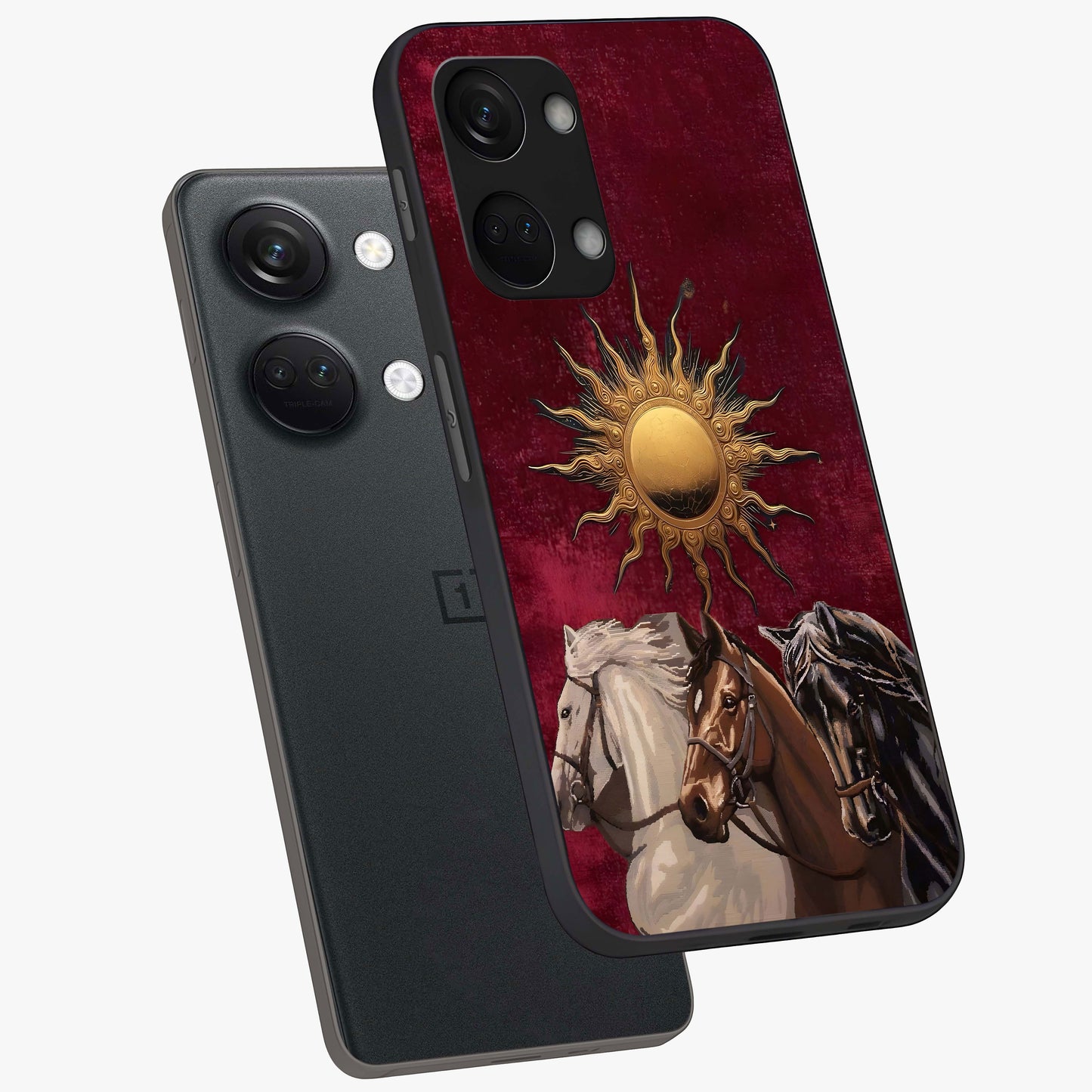 Solar Riders Glass Case for 1+Nord 3 angled mockup showcasing glossy finish and vibrant sunset gradients