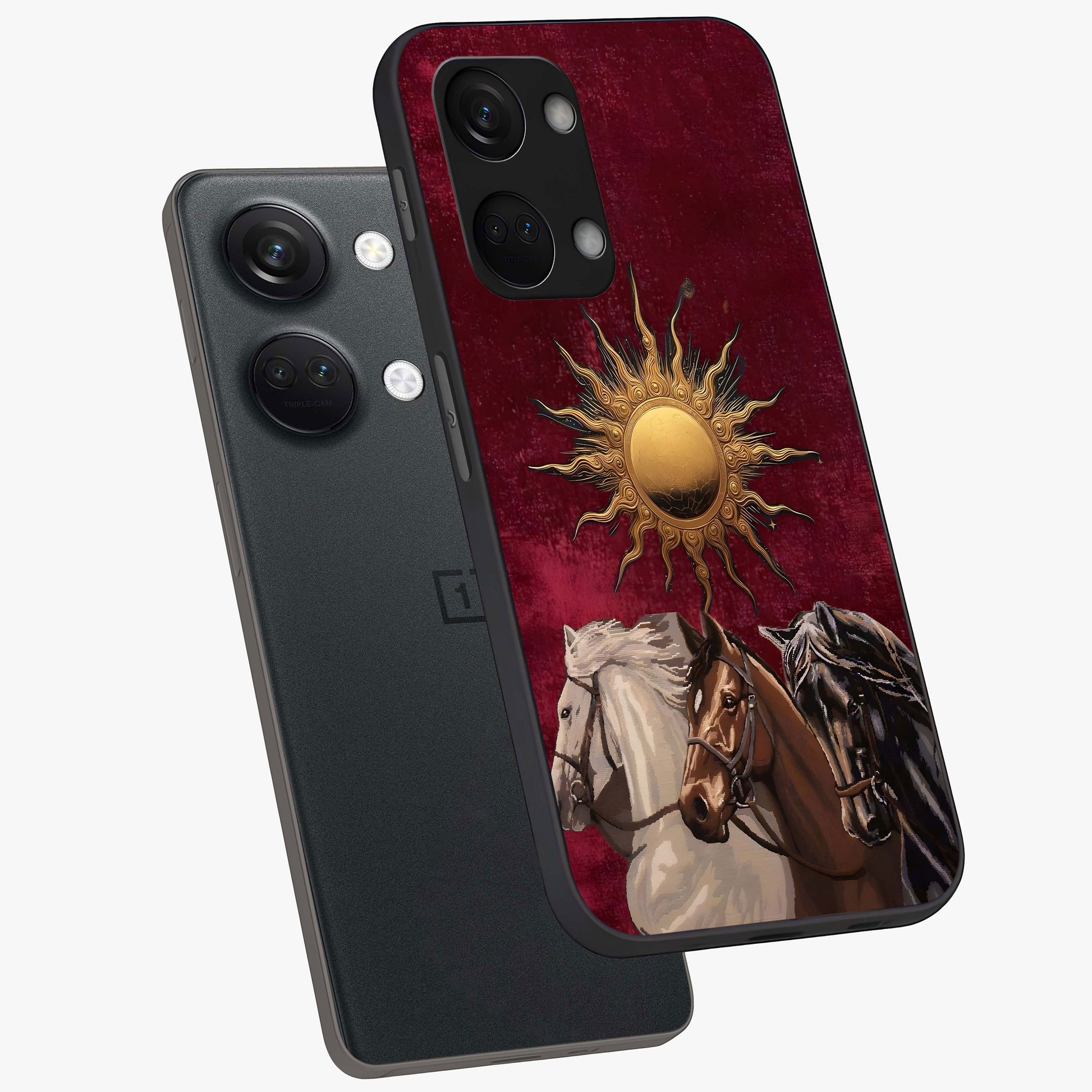 Solar Riders Glass Case for 1+Nord 3 angled mockup showcasing glossy finish and vibrant sunset gradients