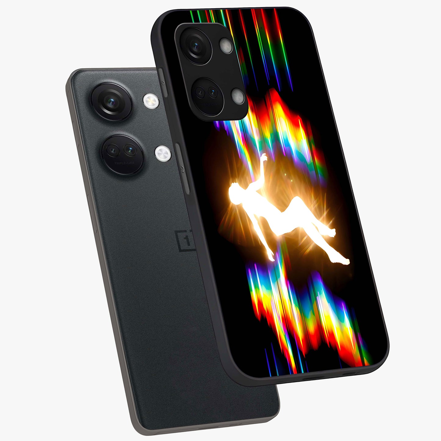 Soul in Spectrum Glass Case for 1+Nord 3 angled mockup showcasing glossy finish and vibrant gradient detailing