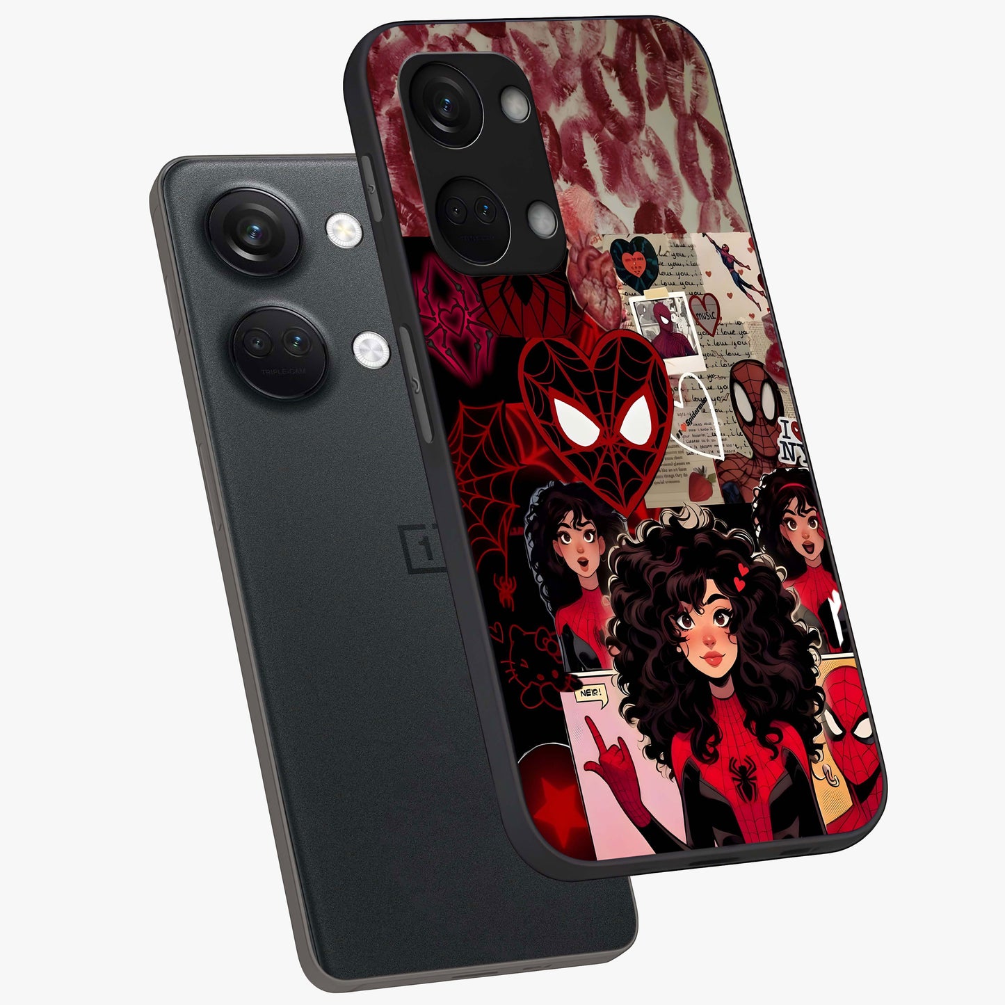 Spider Love Story Glass Case for 1+Nord 3 angled mockup showcasing glossy finish and vibrant comic style detailing