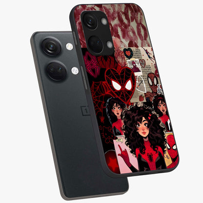 Spider Love Story Glass Case for 1+Nord 3 angled mockup showcasing glossy finish and vibrant comic style detailing