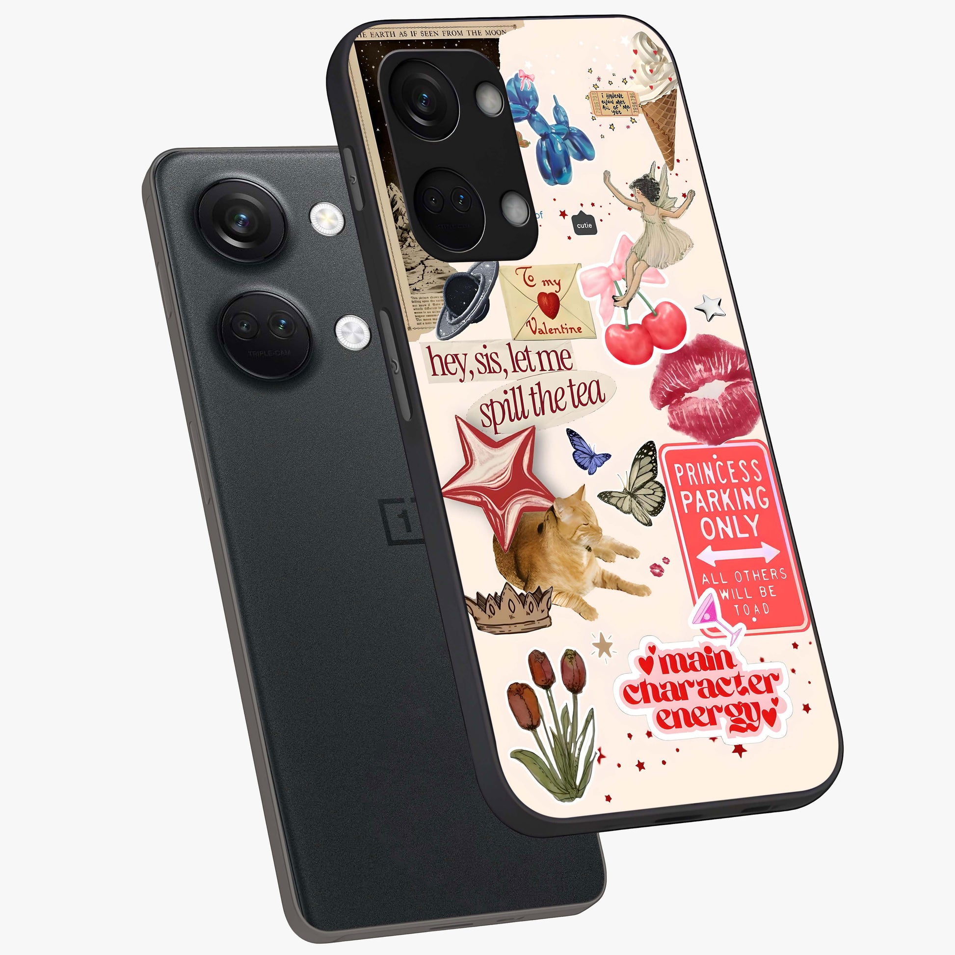 Spill the Tea Retro Collage Glass Case for 1+Nord 3 angled mockup showcasing glossy finish and bold retro detailing
