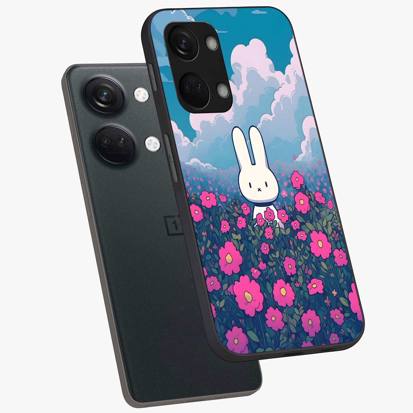 Springtime Blossom Bunny Glass Case for 1+Nord 3 angled mockup showcasing glossy finish and soft pastel tones