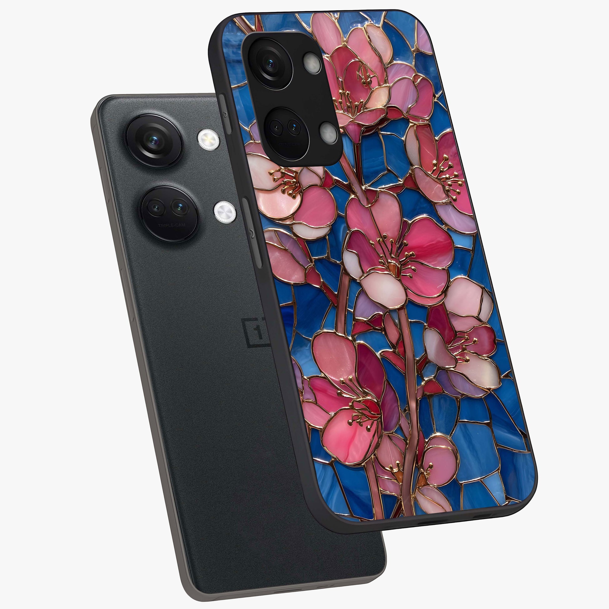 Stained Bloom Grace Glass Case for 1+Nord 3 angled mockup showcasing glossy finish and vibrant mosaic tones