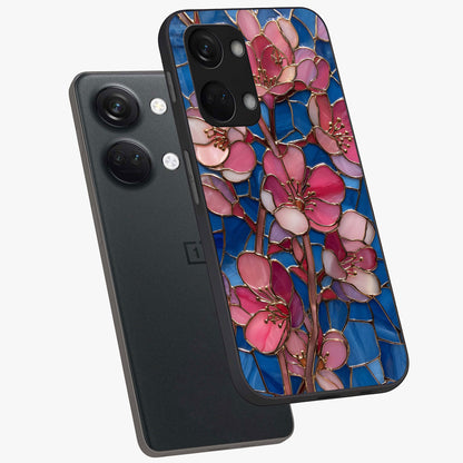 Stained Bloom Grace Glass Case for 1+Nord 3 angled mockup showcasing glossy finish and vibrant mosaic tones