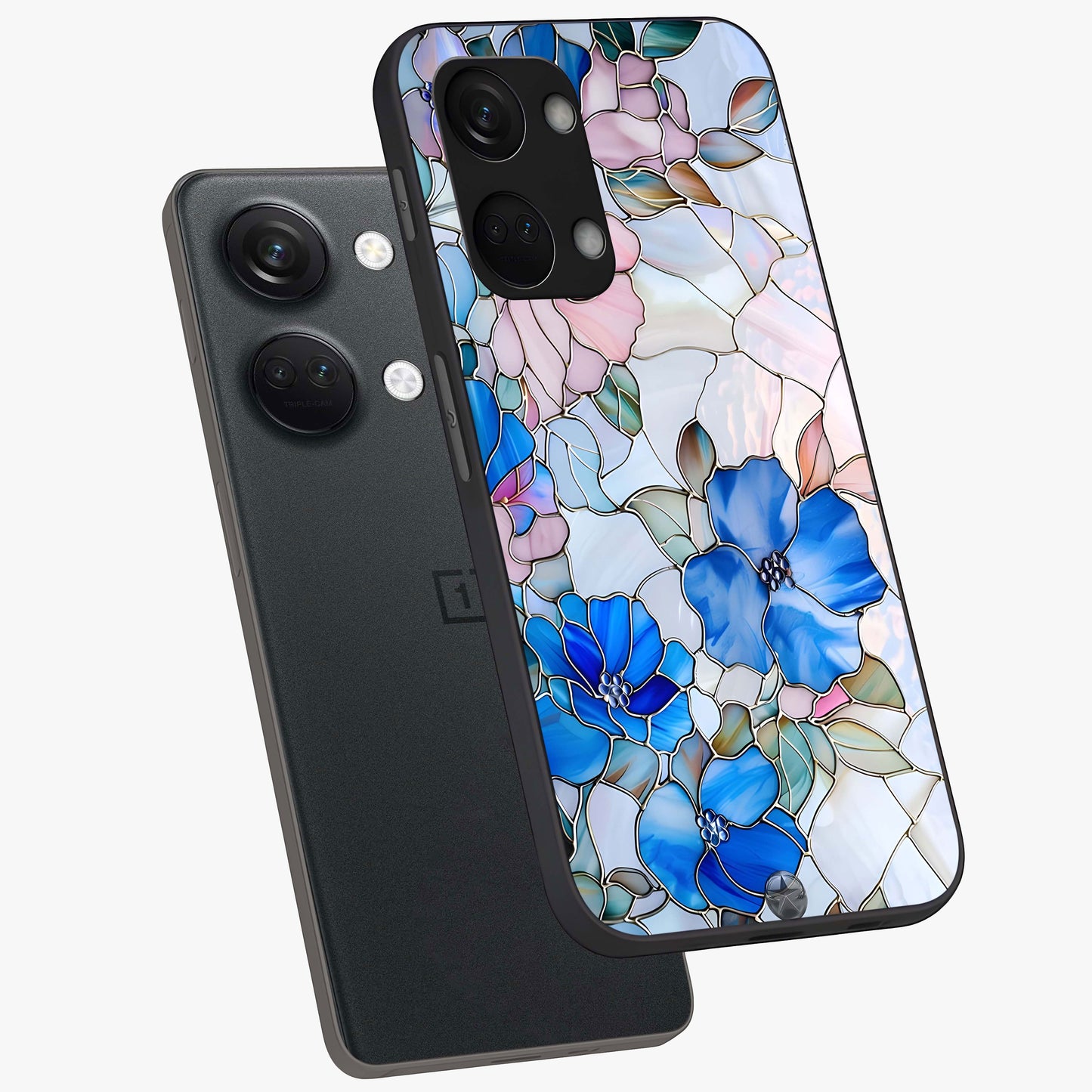 Stained Blue Floral Glass Case for 1+Nord 3 angled mockup showcasing glossy glass finish and rich sapphire tones