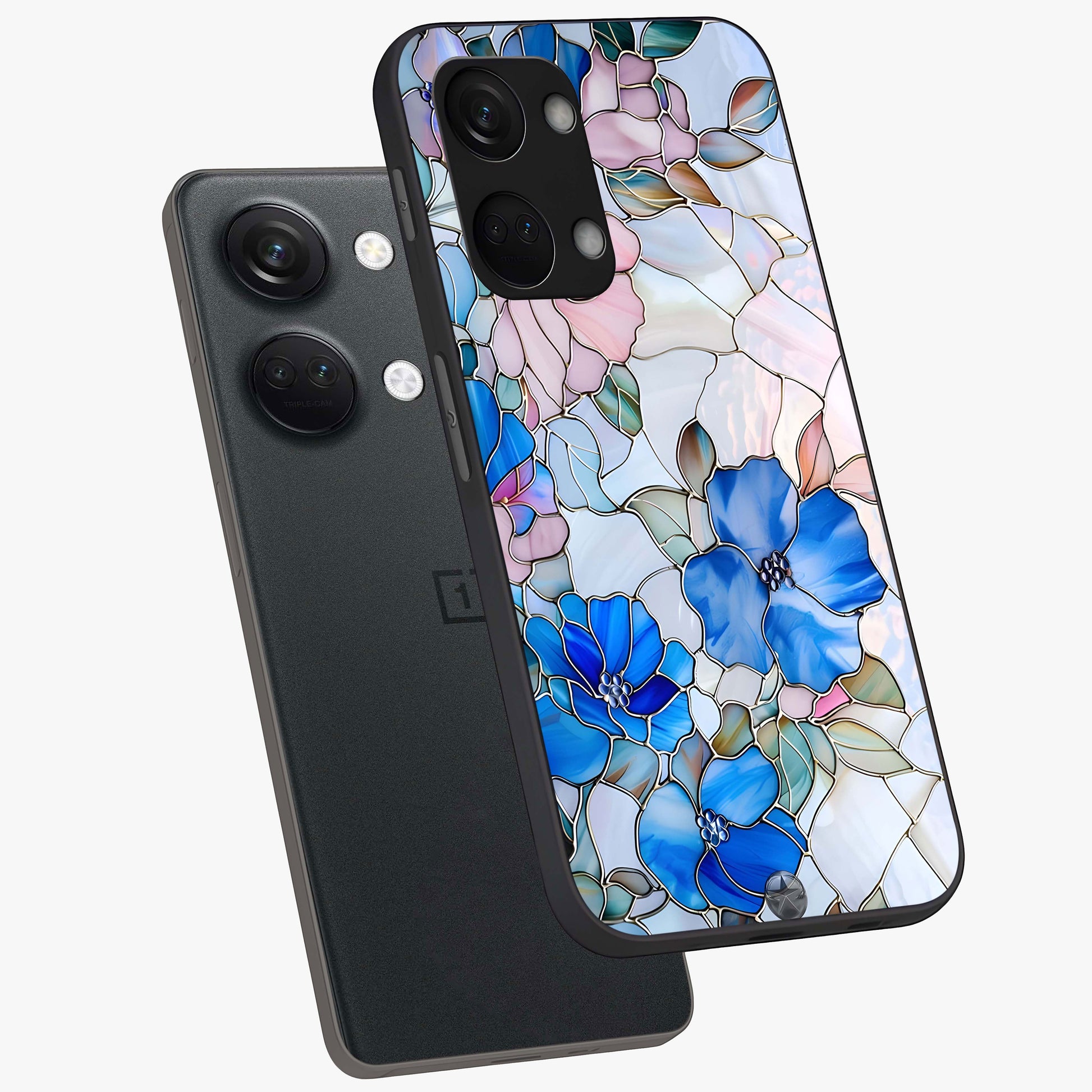 Stained Blue Floral Glass Case for 1+Nord 3 angled mockup showcasing glossy glass finish and rich sapphire tones