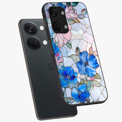 Stained Blue Floral Glass Case for 1+Nord 3 angled mockup showcasing glossy glass finish and rich sapphire tones