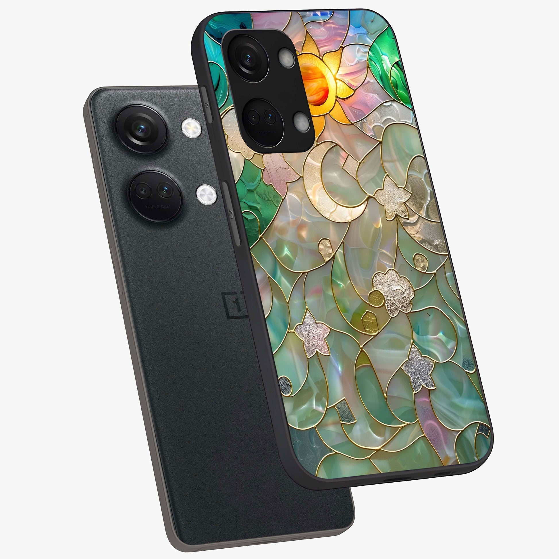 Stained Sunrise Glow Glass Case for 1+Nord 3 angled mockup showcasing glossy finish and warm golden gradients