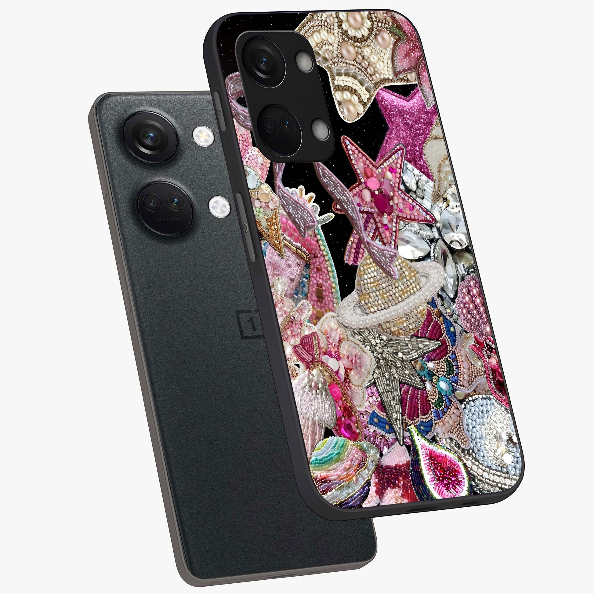 Starlit Jewel Dream Glass Case for 1+Nord 3 angled mockup showcasing glossy finish and radiant detailing