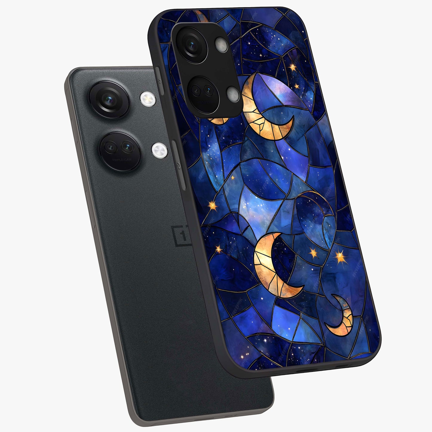 Starlit Sky Tapestry Glass Case for 1+Nord 3 angled mockup showcasing glossy finish and rich night tones