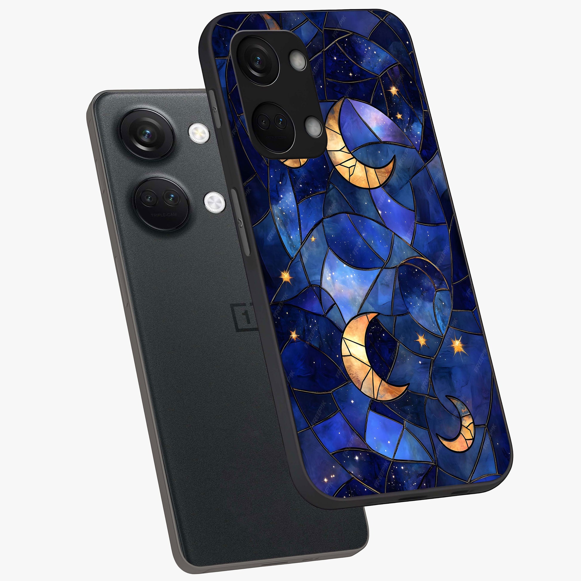 Starlit Sky Tapestry Glass Case for 1+Nord 3 angled mockup showcasing glossy finish and rich night tones