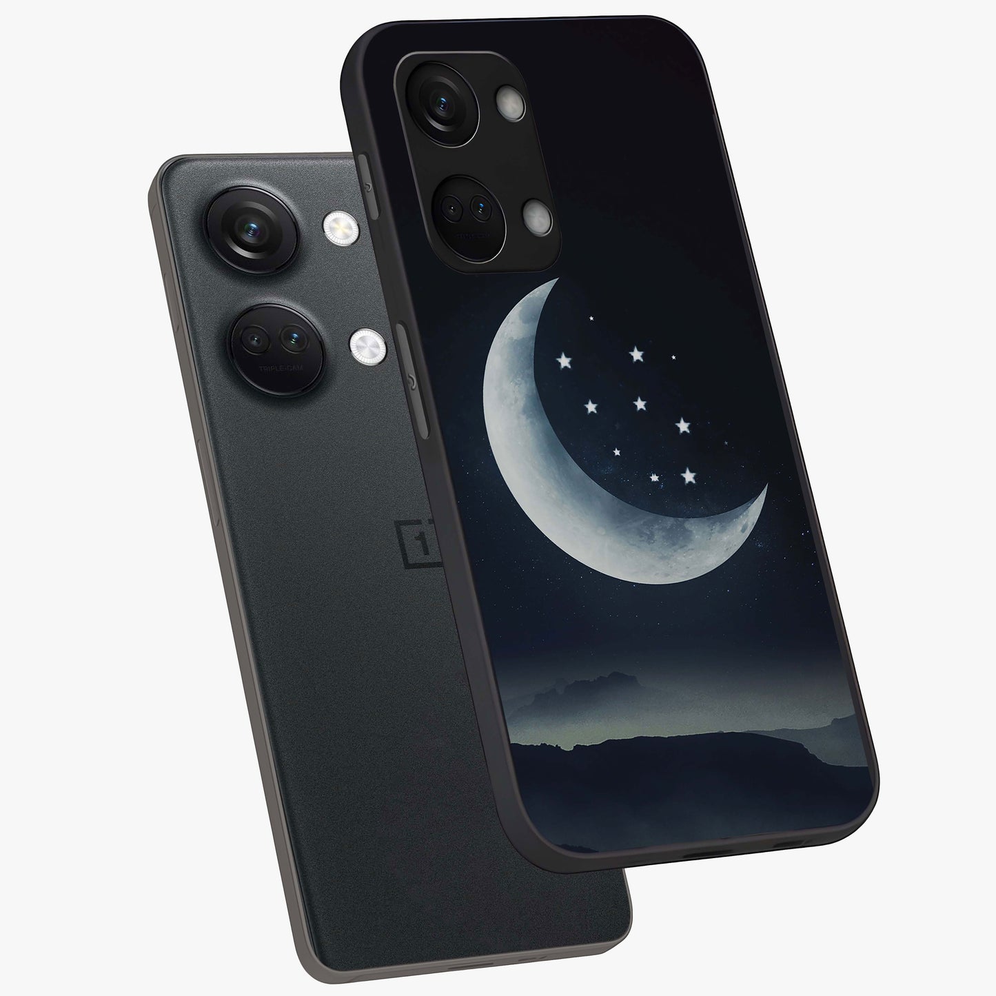 Starry Moon Pattern Glass Case for 1+Nord 3 angled mockup showcasing glossy glass finish and deep night tones