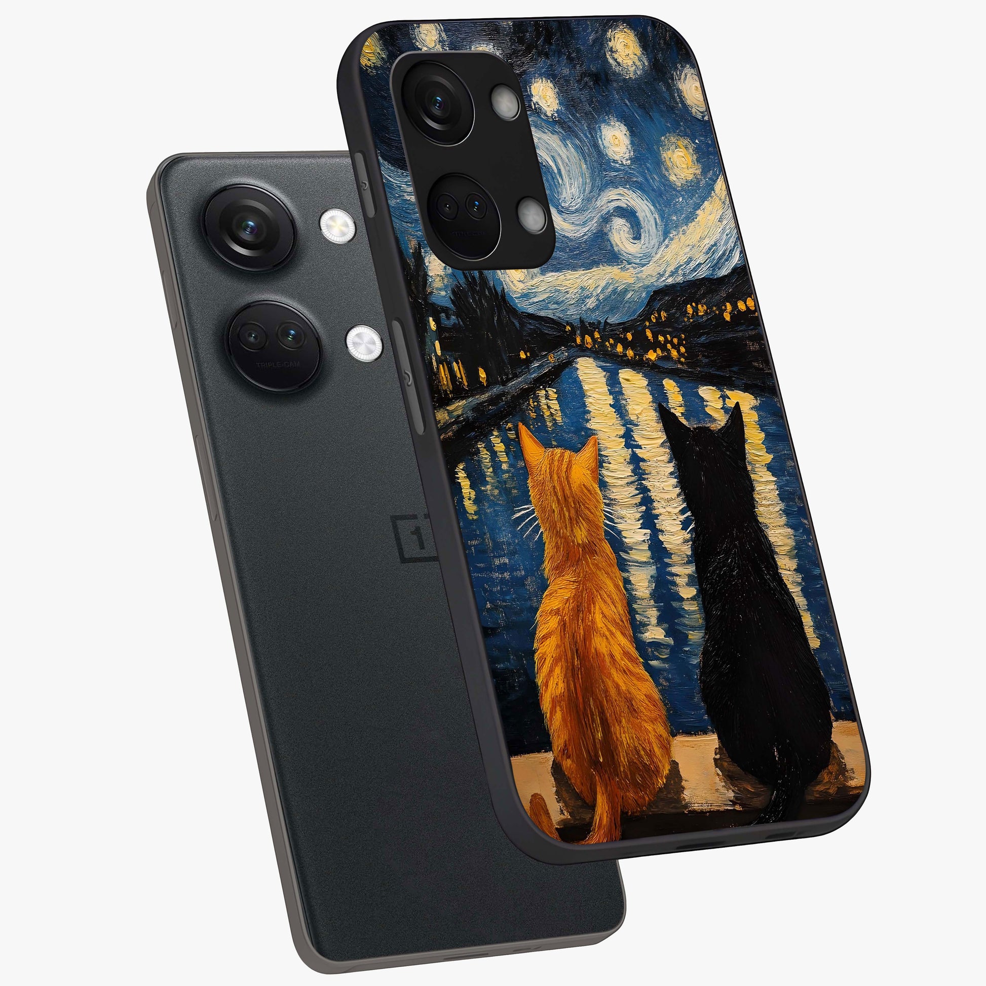 Starry River Cats Glass Case for 1+Nord 3 angled mockup showcasing glossy finish and soft cosmic detailing