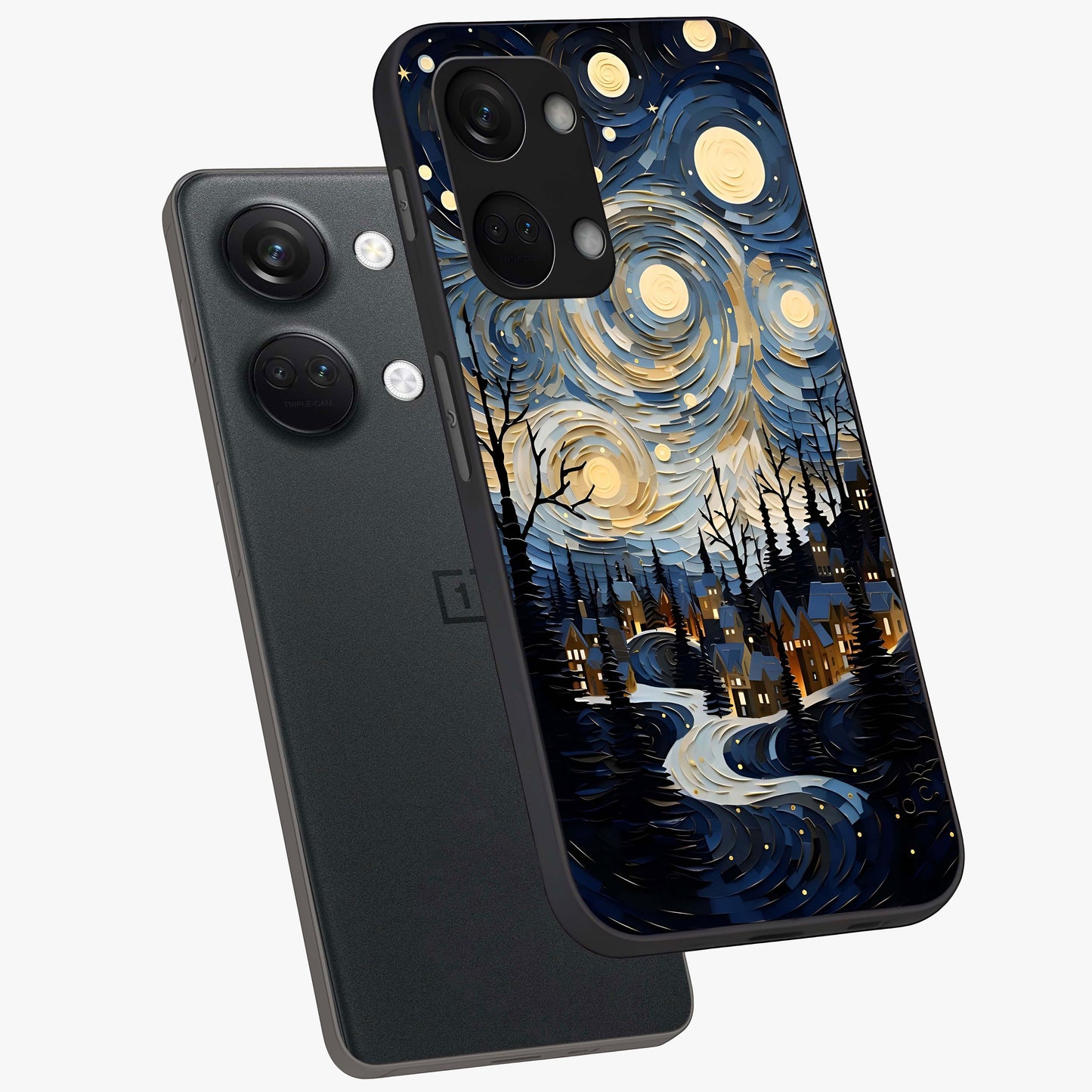 Starry Winter Town Glass Case for 1+Nord 3 angled mockup showcasing glossy finish and cool winter tones