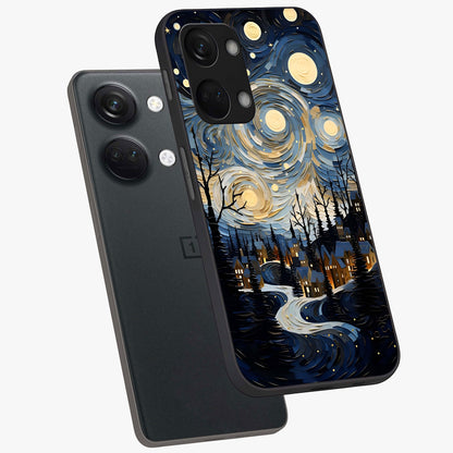 Starry Winter Town Glass Case for 1+Nord 3 angled mockup showcasing glossy finish and cool winter tones